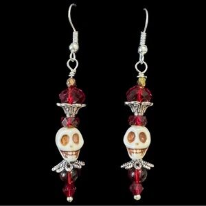 Skull King Queen Long Dangle Handcrafted earrings Red Ivory Silver